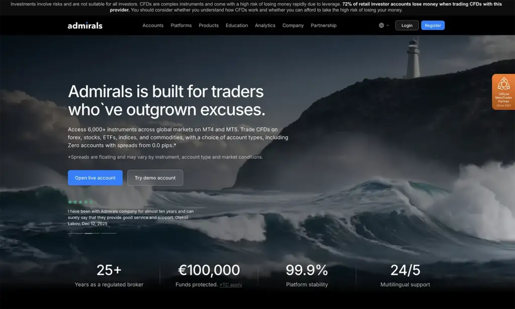 The official website homepage of Admirals broker - also known as Admiral Markets
