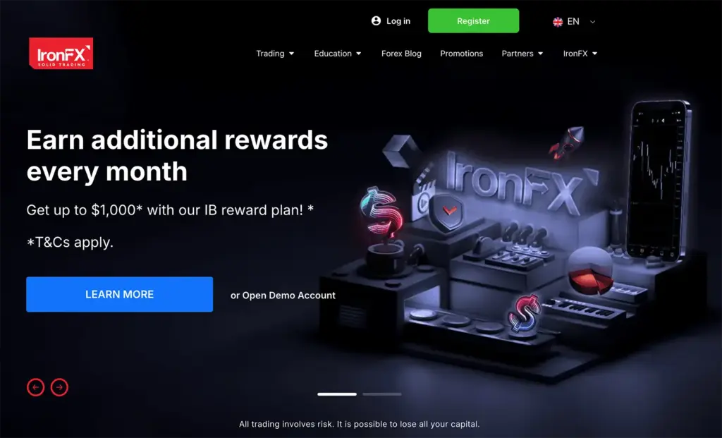 IronFX official homepage showing the broker’s current website and trading platform access