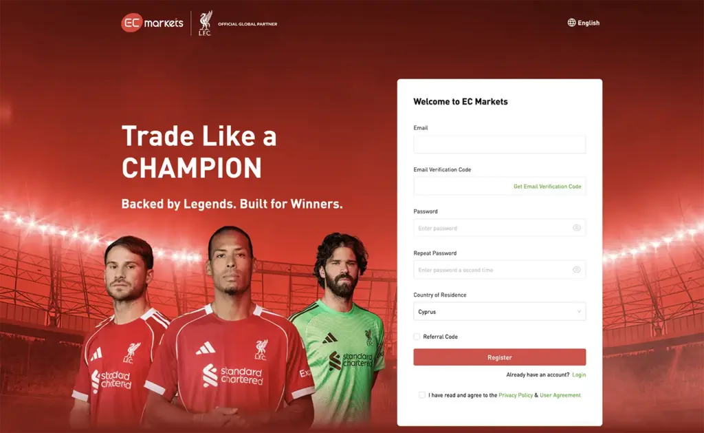EC Markets Registration Form showcasing Liverpool FC Partnership