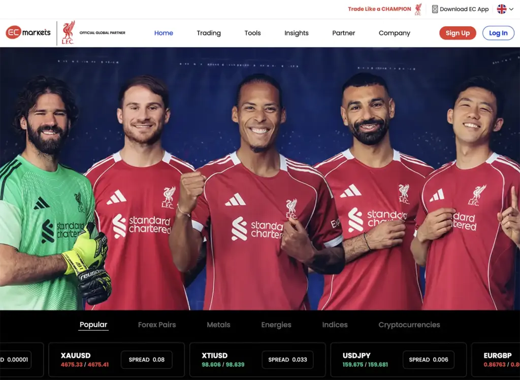 EC Markets trading platform homepage featuring Liverpool FC partnership branding and live market spreads
