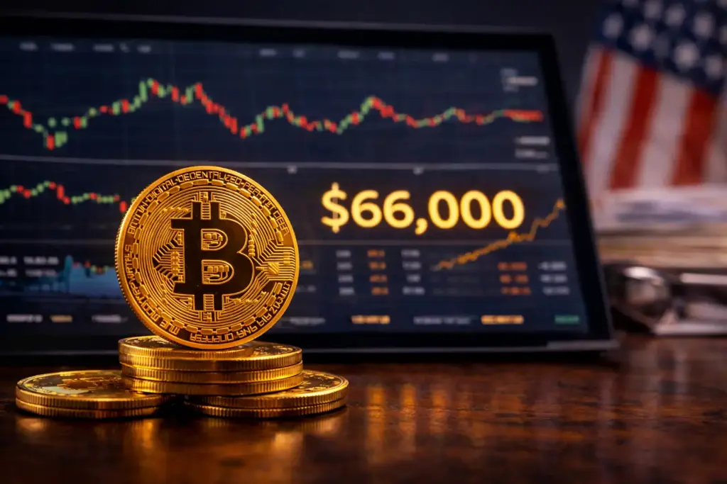 Bitcoin trading near $66,000 on a market screen with candlestick chart and gold BTC coins in foreground