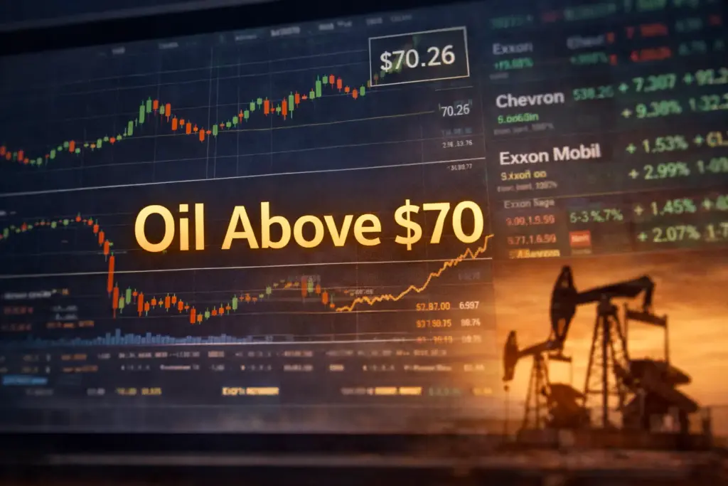 Brent crude oil price trading above $70 per barrel on market screen with energy stock chart in background