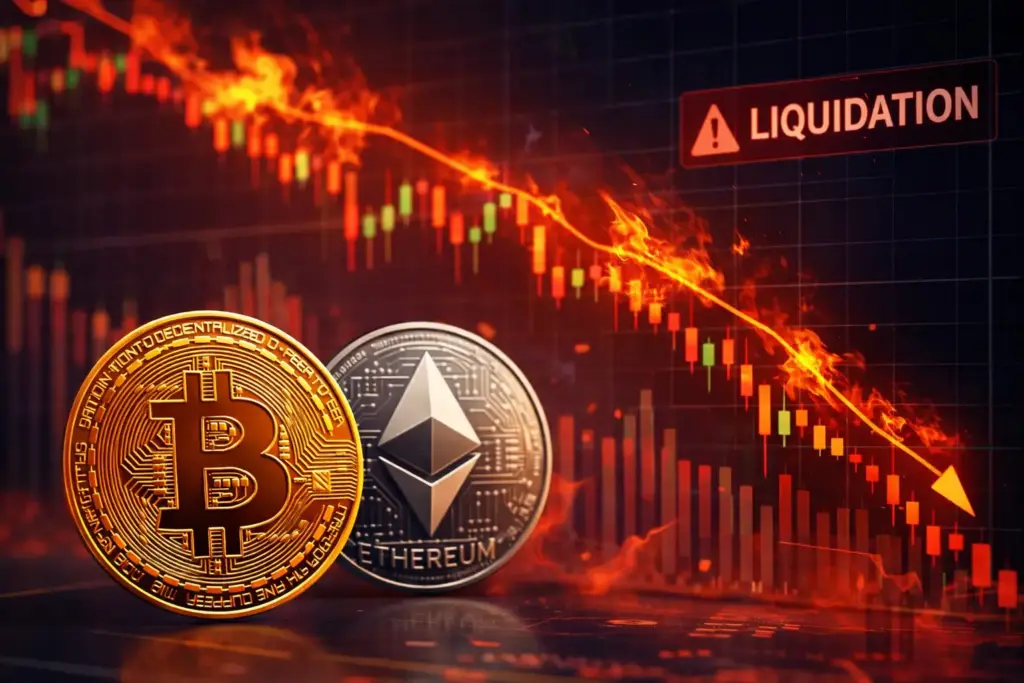 Bitcoin and Ethereum prices falling on a chart as cryptocurrency market volatility increases.