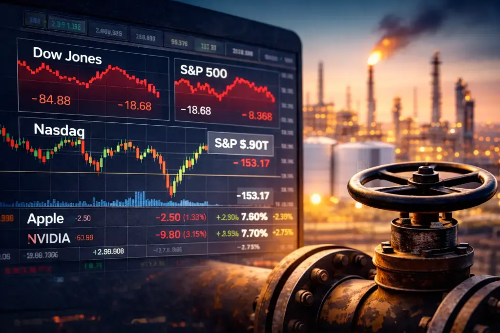 U.S stock market screen showing Dow Jones and Nasdaq lower with oil refinery and pipeline valve in background