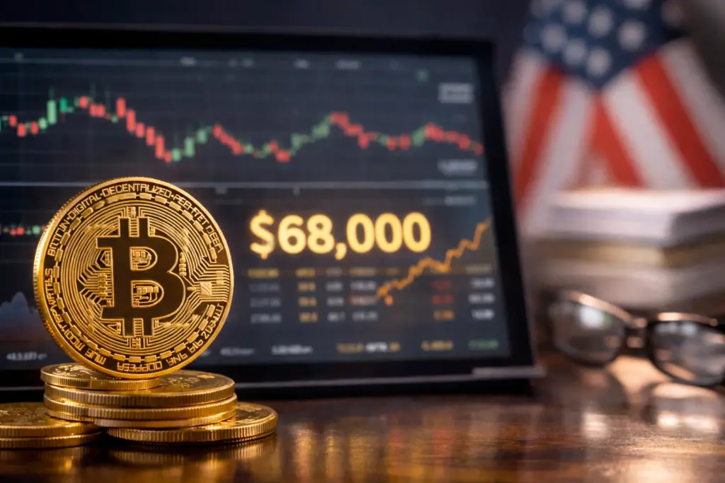 Bitcoin trading near $68,000 on a market screen with candlestick chart and gold BTC coins in foreground