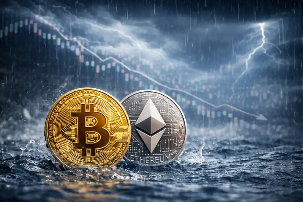 Bitcoin and Ethereum coins in heavy rain, symbolising increased volatility and selling pressure in cryptocurrency markets.