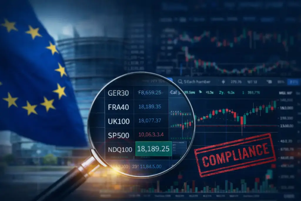 EU flag and trading screen illustrating new ESMA supervision of benchmark pricing data in 2026