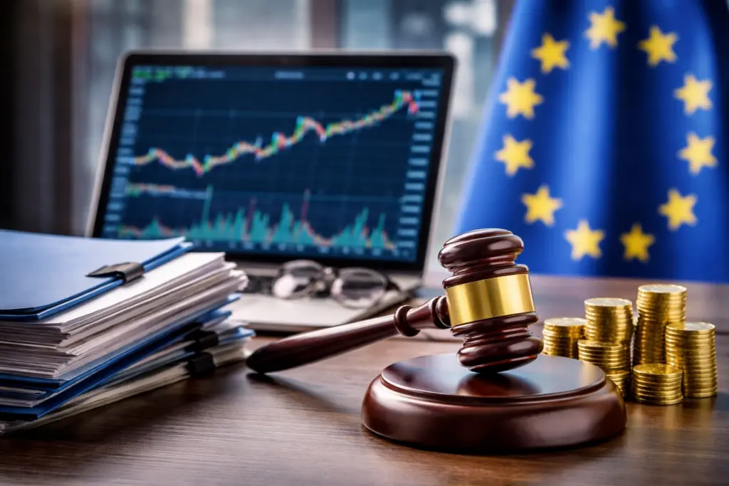 Judge’s gavel and trading charts with EU flag symbolising increased regulatory scrutiny of prop trading firms in Europe