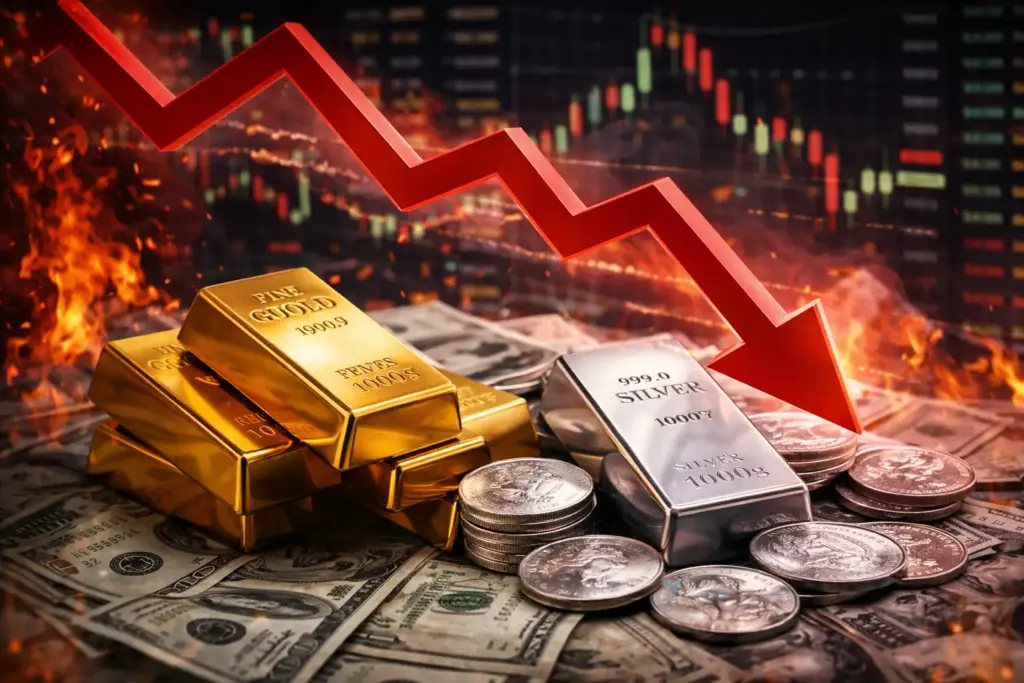 Gold and silver price charts showing sharp declines as volatility spreads across global commodities markets.