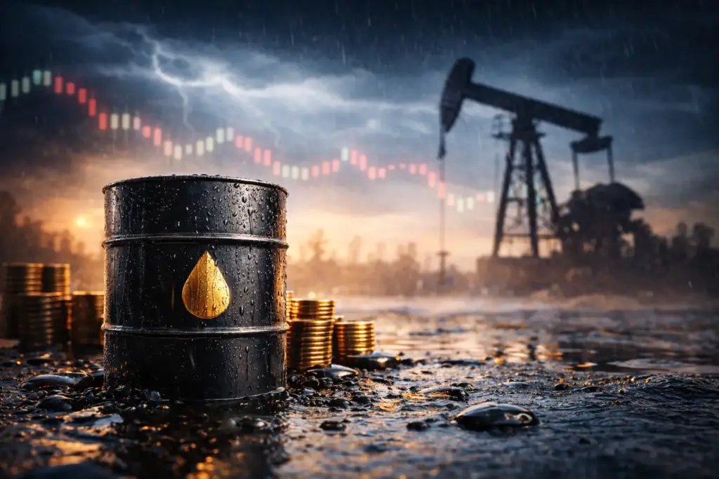 Oil barrel and pumpjack under stormy skies, representing volatility and uncertainty in global oil markets.