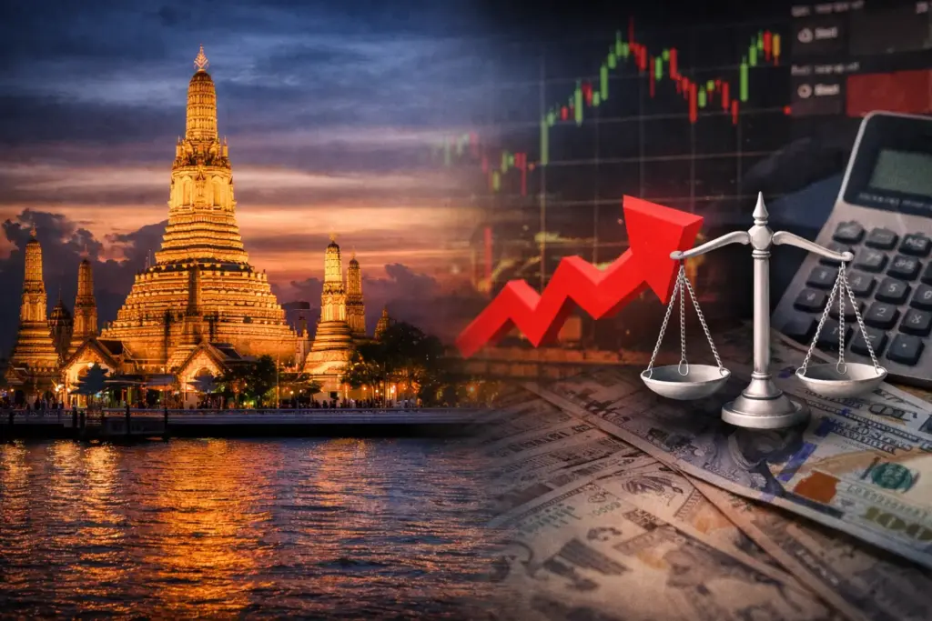 Bangkok temple with trading charts symbolising Thailand tightening retail forex leverage rules in 2026