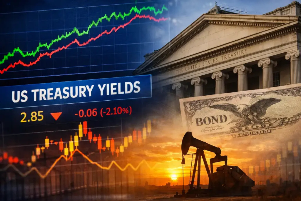 US Treasury bond yield chart alongside oil pumpjack and Treasury building representing inflation pressures and safe-haven demand in global markets