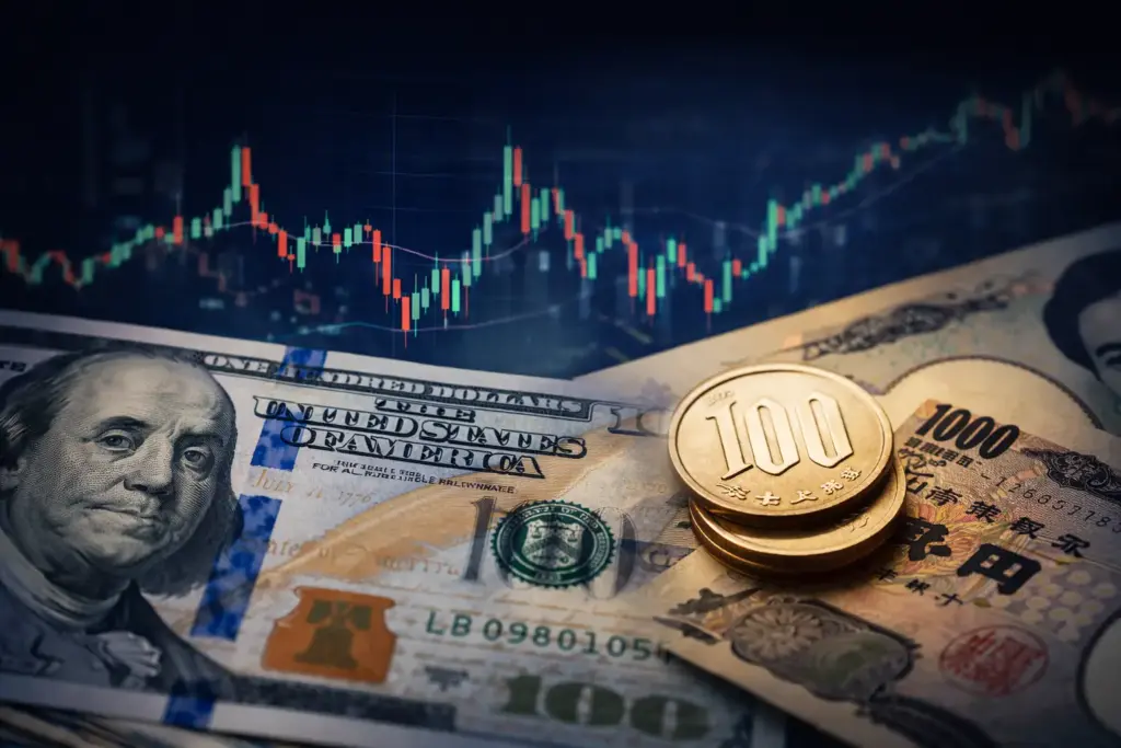 US dollar and Japanese yen with forex trading chart representing safe-haven currency demand in global markets