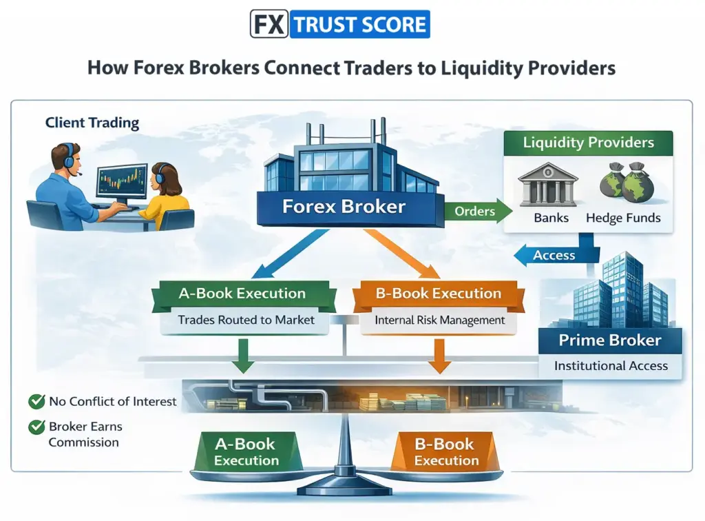 Diagram showing how forex brokers connect traders to liquidity providers and prime brokers using A-Book and B-Book execution models.
