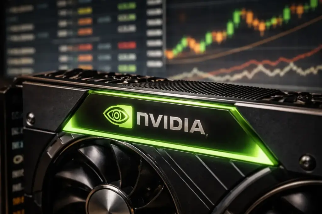 Nvidia graphics card with glowing logo against blurred stock market charts representing AI-driven stock performance