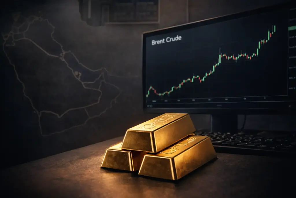 Gold bars in front of a screen showing rising Brent crude prices as markets react to Gulf tensions involving Iran