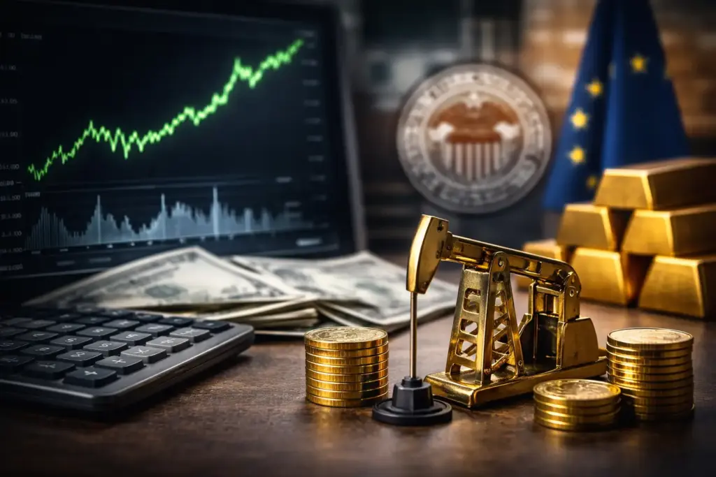 Oil price chart rising alongside gold bars and central bank imagery illustrating the impact of higher energy prices on interest rate expectations