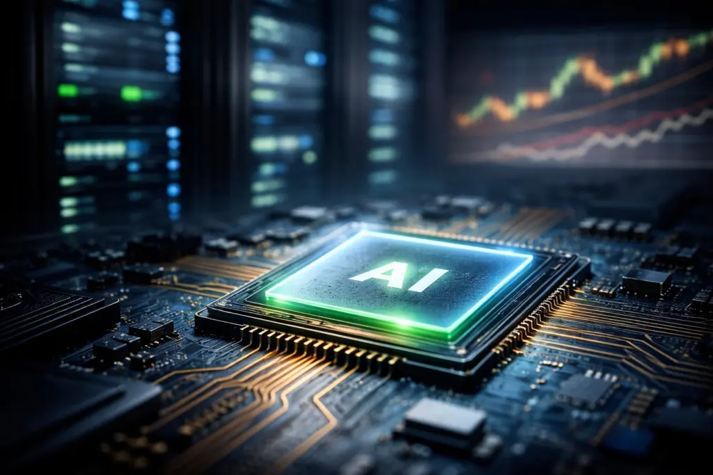 AI semiconductor chip on circuit board with blurred data centre and market charts in background representing growing demand for AI infrastructure