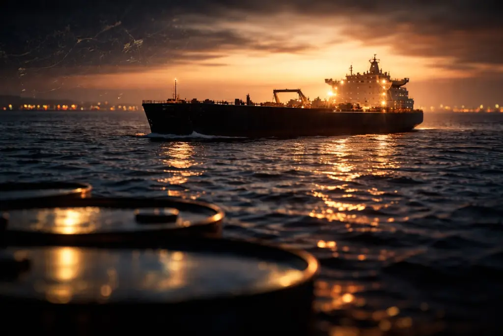 Oil tanker at sea during sunset with reflections on water representing oil market volatility and geopolitical risk