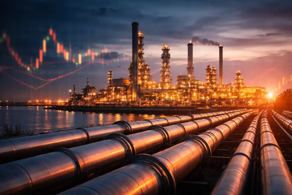 Oil refinery with pipelines at sunset and financial charts in the background representing rising energy prices and pressure on European markets