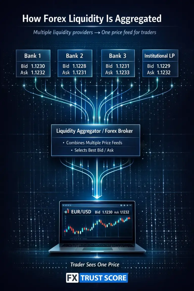 Diagram showing how forex brokers aggregate prices from multiple liquidity providers into a single price feed for traders.