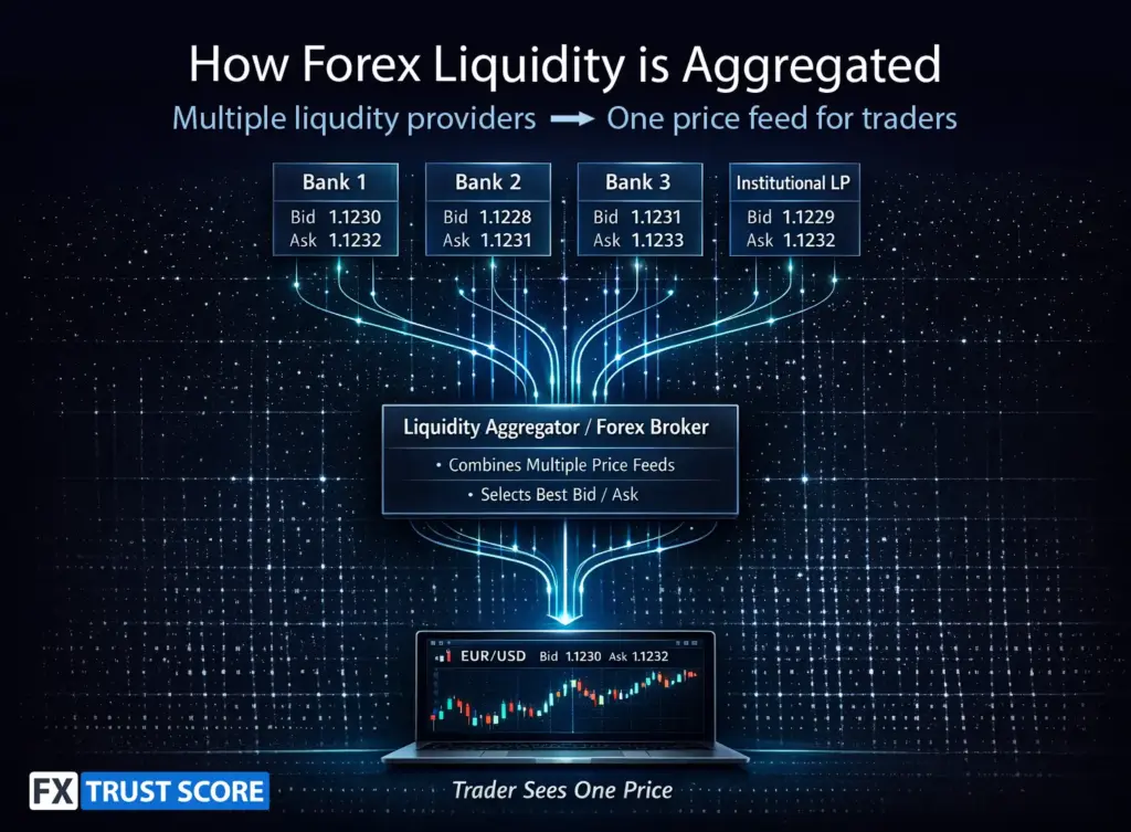 Diagram showing how forex brokers aggregate prices from multiple liquidity providers into a single price feed for traders.