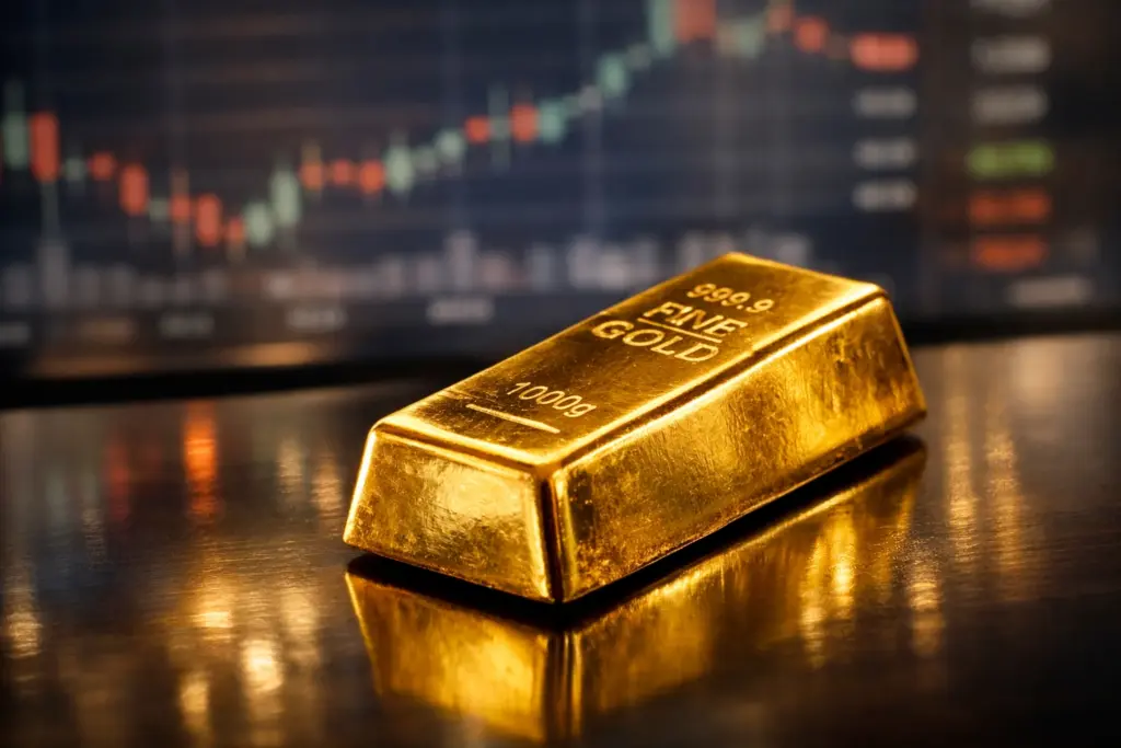 Gold bar on reflective surface with blurred financial market charts in the background representing steady demand during uncertain market conditions