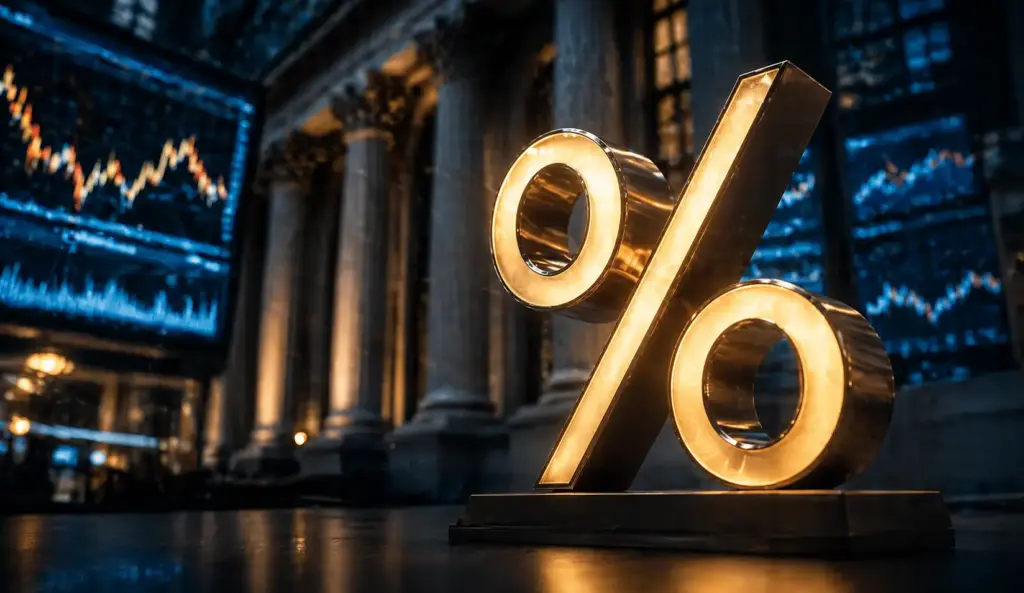 Glowing percentage symbol inside a financial institution with trading charts in the background representing interest rates and inflation