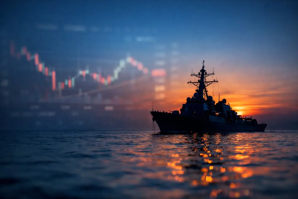 Naval vessel at sea during sunset with blurred financial charts representing geopolitical tension and shifting global market sentiment.