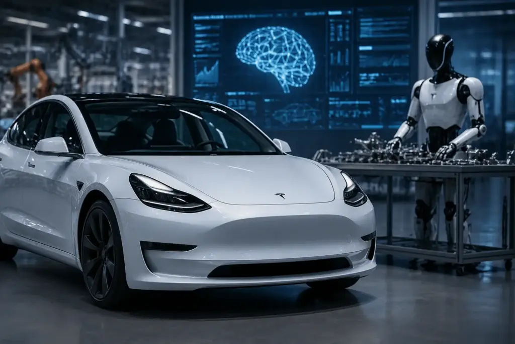 Tesla electric vehicle inside a high-tech factory with a humanoid robot and AI interface screens representing automation and robotics development