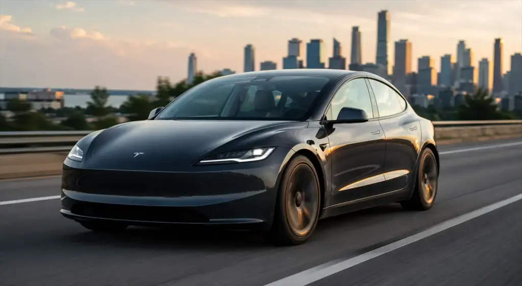 Tesla electric car in motion on a highway during sunset symbolising changing EV demand and market trends