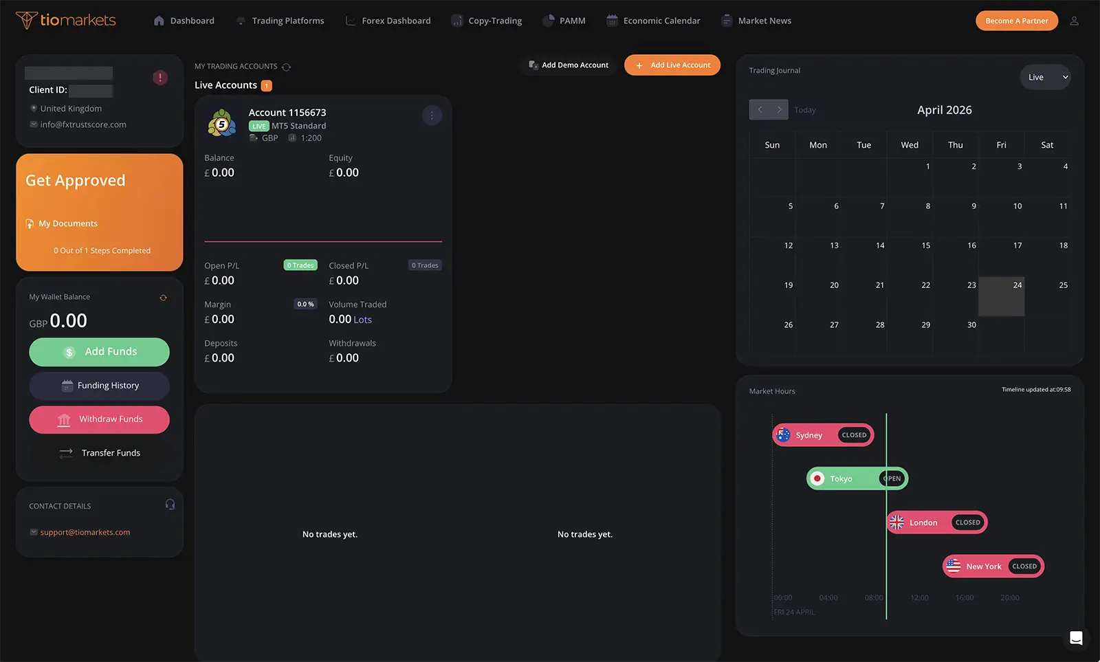 TIO Markets client dashboard showing MT5 account details, balance, and trading interface