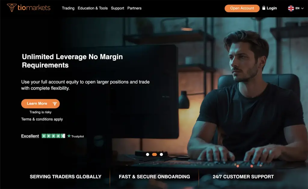 TIO Markets trading platform interface highlighting unlimited leverage offering