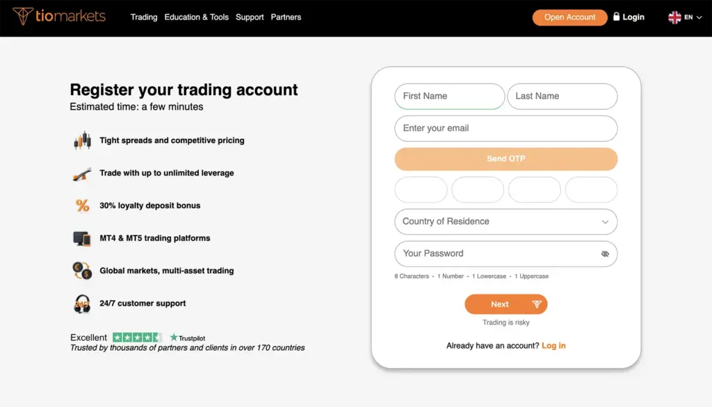 TIOmarkets account registration form showing trading signup process with personal details and OTP verification