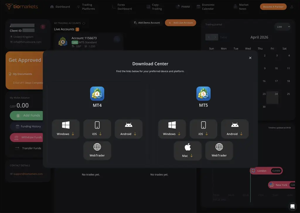 TIOmarkets MT4 and MT5 download center showing trading platform options for Windows, iOS, Android and WebTrader