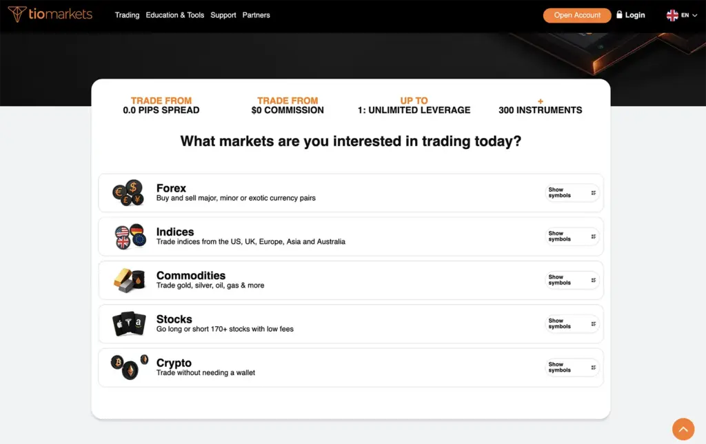 TIOmarkets trading assets overview showing forex indices commodities stocks and crypto instruments