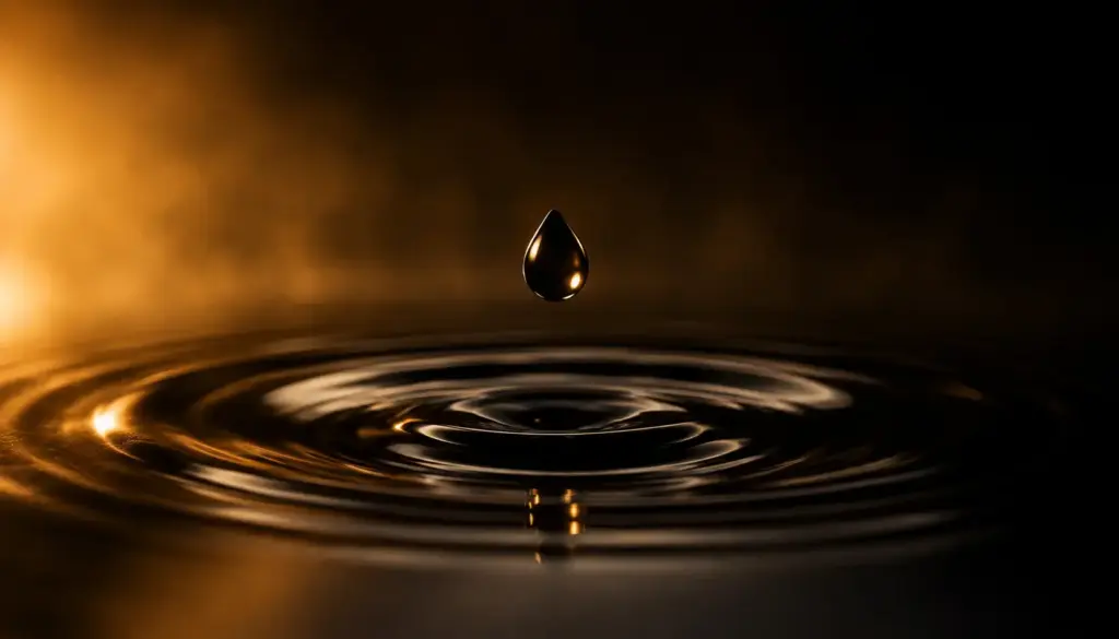 Single dark oil droplet creating ripples on a reflective surface representing oil markets and global market tension