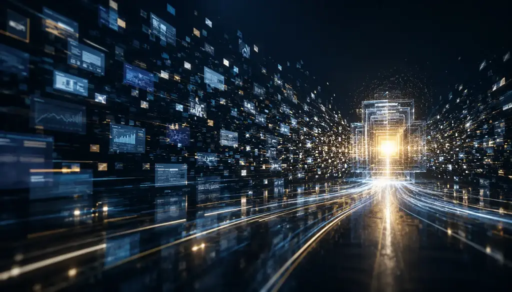 Flowing digital information panels converging into a structured illuminated core symbolising trust and AI-driven online discovery