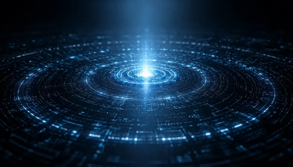 Glowing artificial intelligence energy core emitting expanding blue waves across a dark digital surface