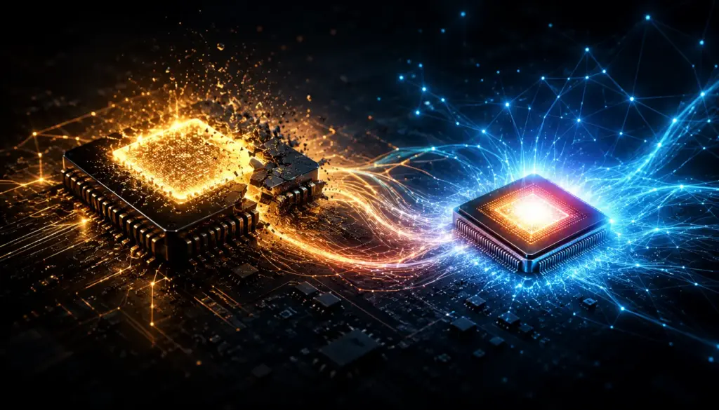 Conceptual image showing a shift in AI stock momentum with one chip fading and another gaining strength