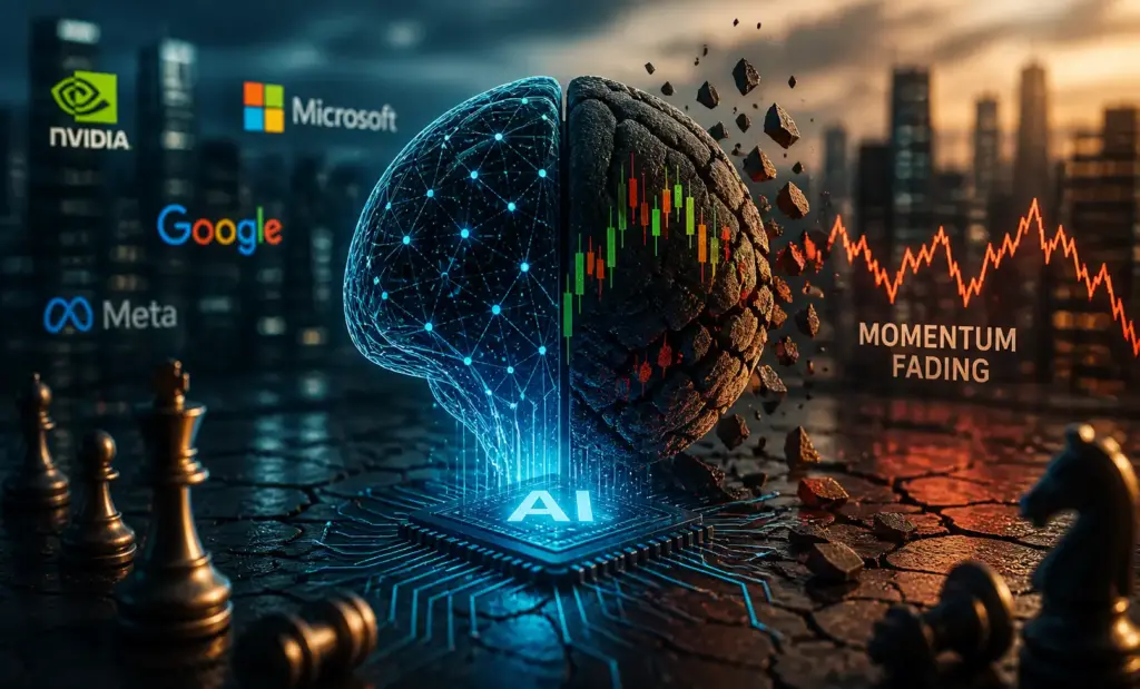 Conceptual image of AI market momentum weakening with split digital and crumbling structure