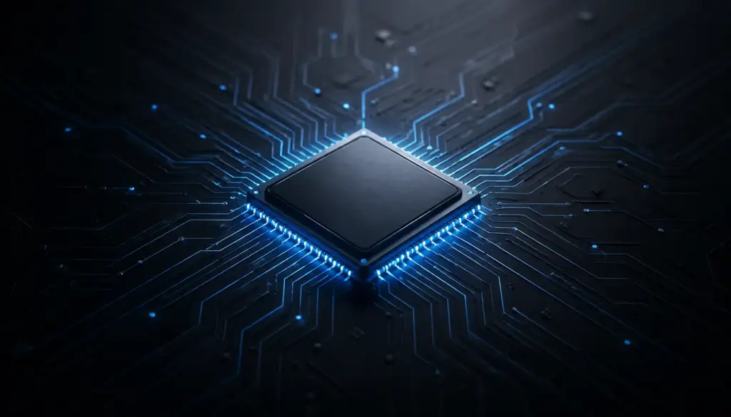 Glowing semiconductor chip representing rising AI demand and momentum in Asian technology stocks