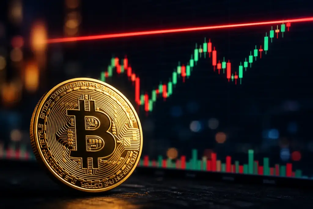 Bitcoin coin in front of a trading chart approaching a resistance level near 80000, illustrating price pressure and market momentum
