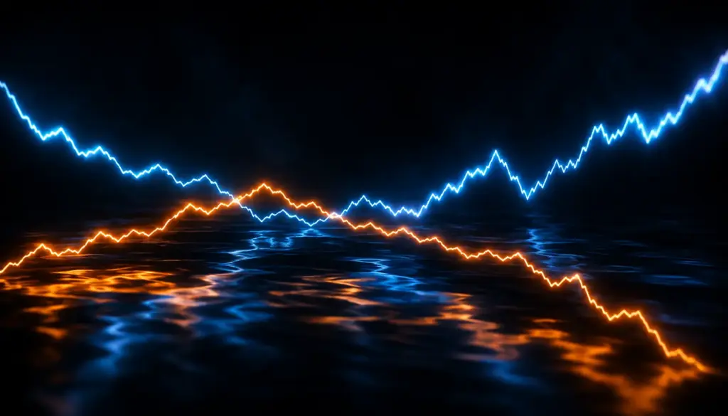 Blue and orange market lines moving sharply in opposite directions representing rising volatility in forex markets