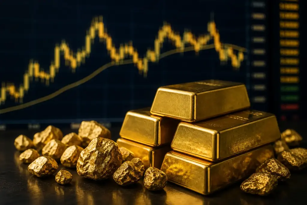 Gold bars with a trading chart in the background reflecting gold price volatility