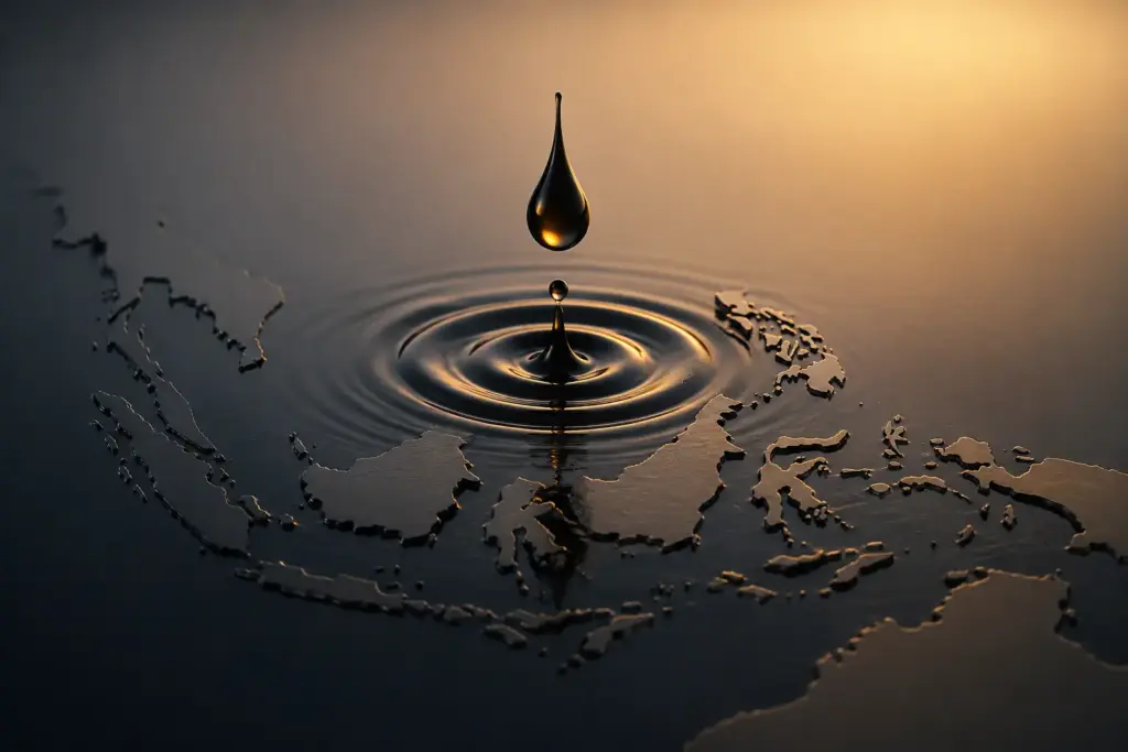 Oil droplet creating ripples over Southeast Asia representing impact of rising oil prices on Asian currencies