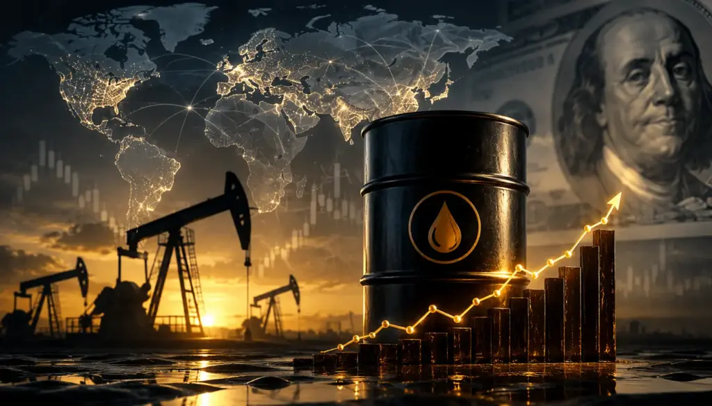 Oil barrel and rising market indicators symbolising the impact of higher energy prices on inflation and global markets