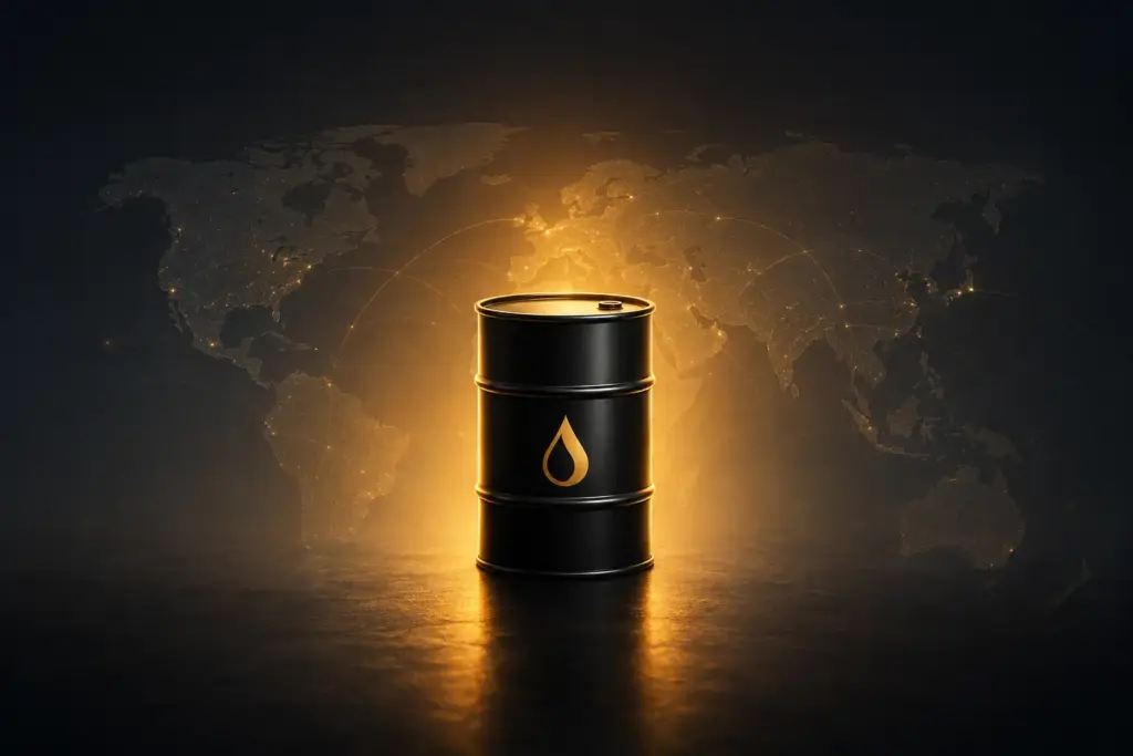 Oil barrel with global map background representing rising oil prices and impact on forex markets