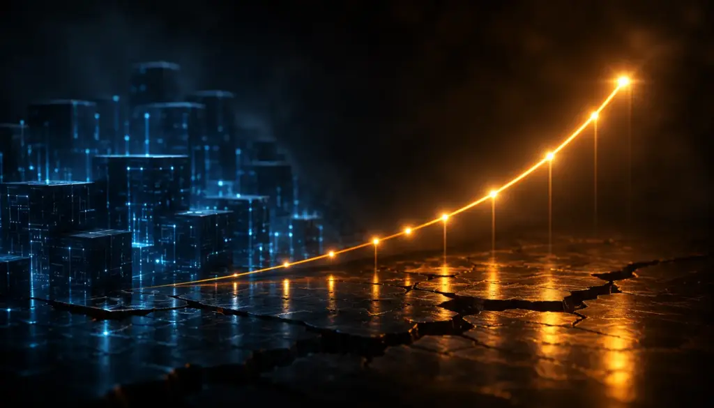 Glowing bond yield curve rising through a dark digital environment as AI-related structures fade into shadow