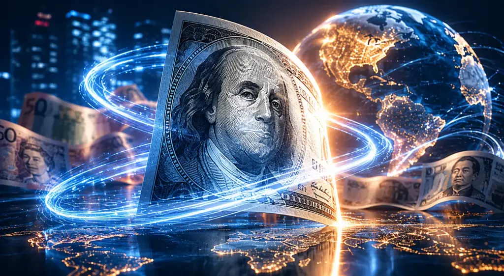 Glowing US dollar symbol attracting global capital flows across a dark macro-financial environment